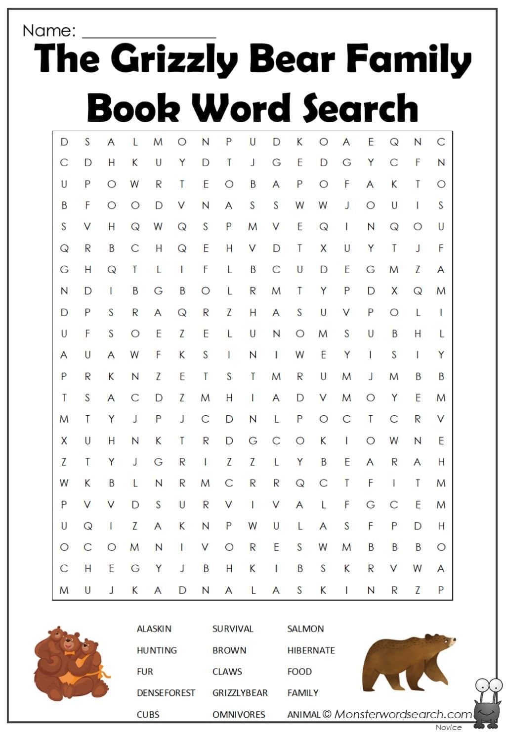 the grizzly bear family book word search monster word search