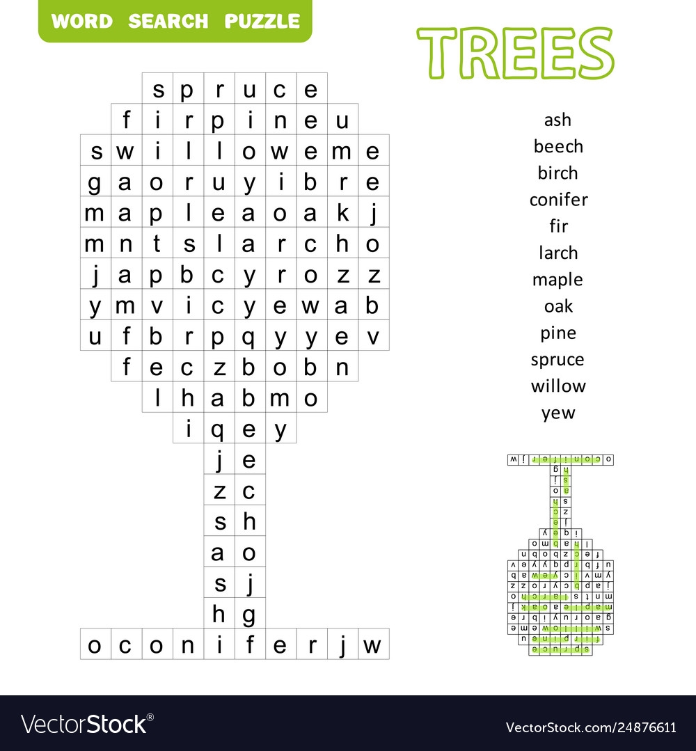 Trees Themed Word Search Puzzle Fun Education Vector Image