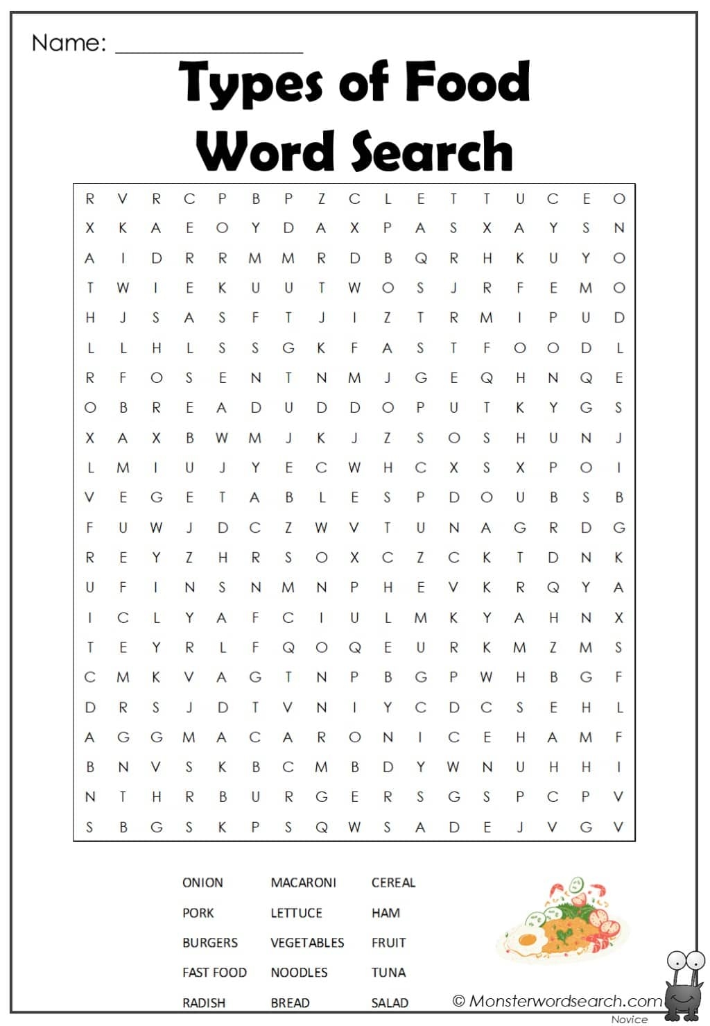 types of food word search monster word search