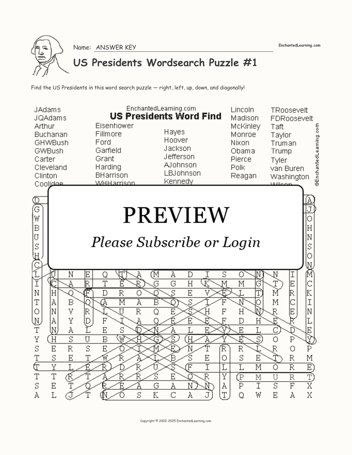 US Presidents Wordsearch Puzzle 1 Enchanted Learning