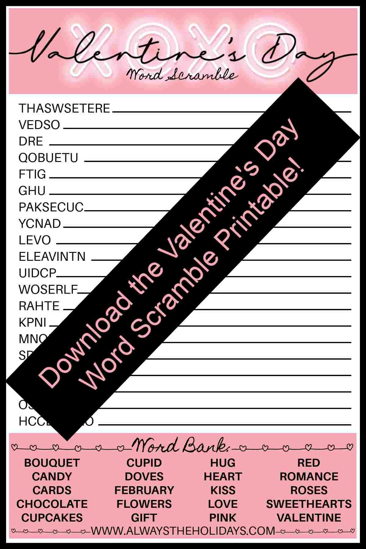 Valentine s Day Word Scramble With Answers Valentine s Printable