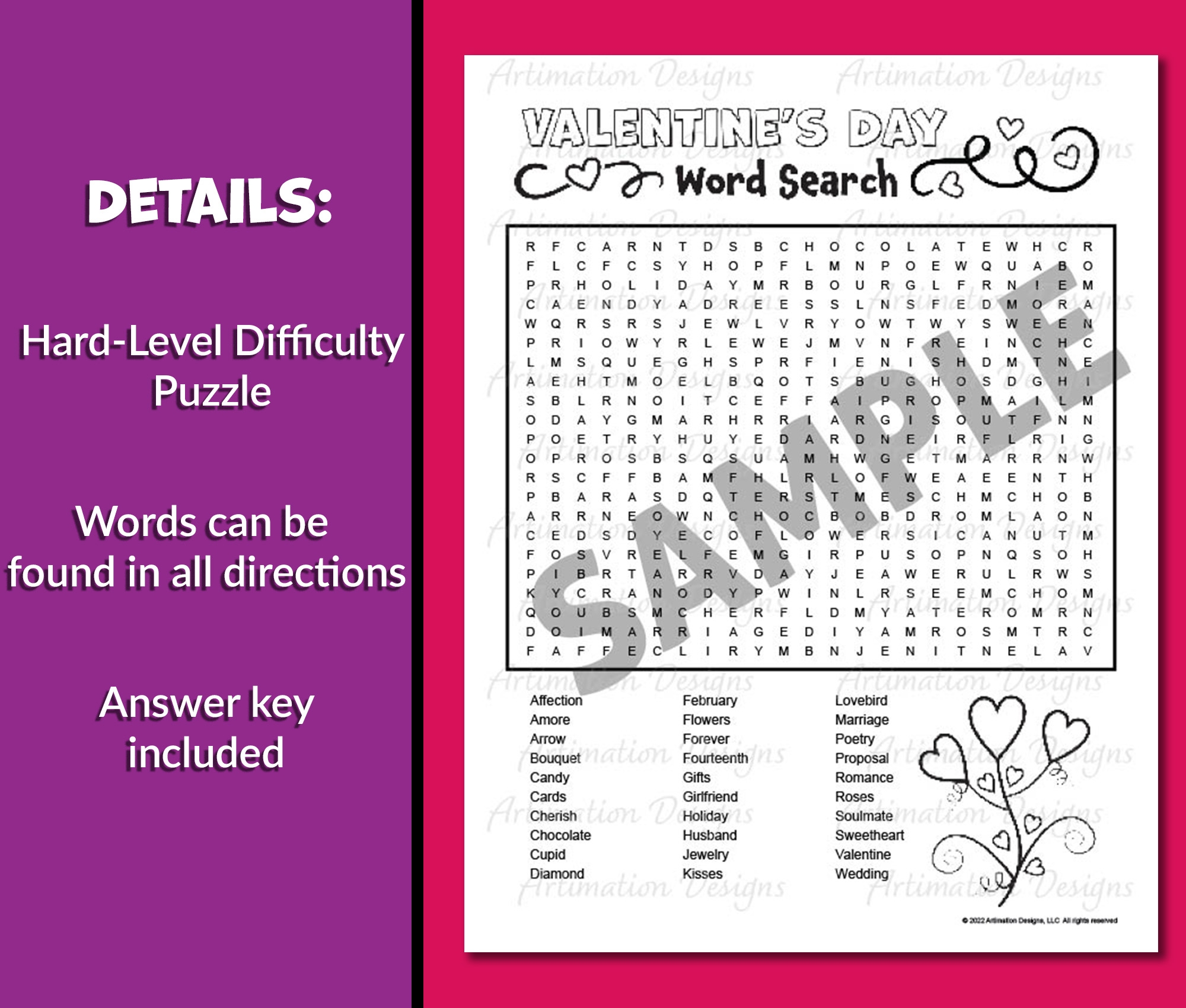 Valentine s Day Word Search Hard Level Word Puzzle Game Word Find Activity Made By Teachers