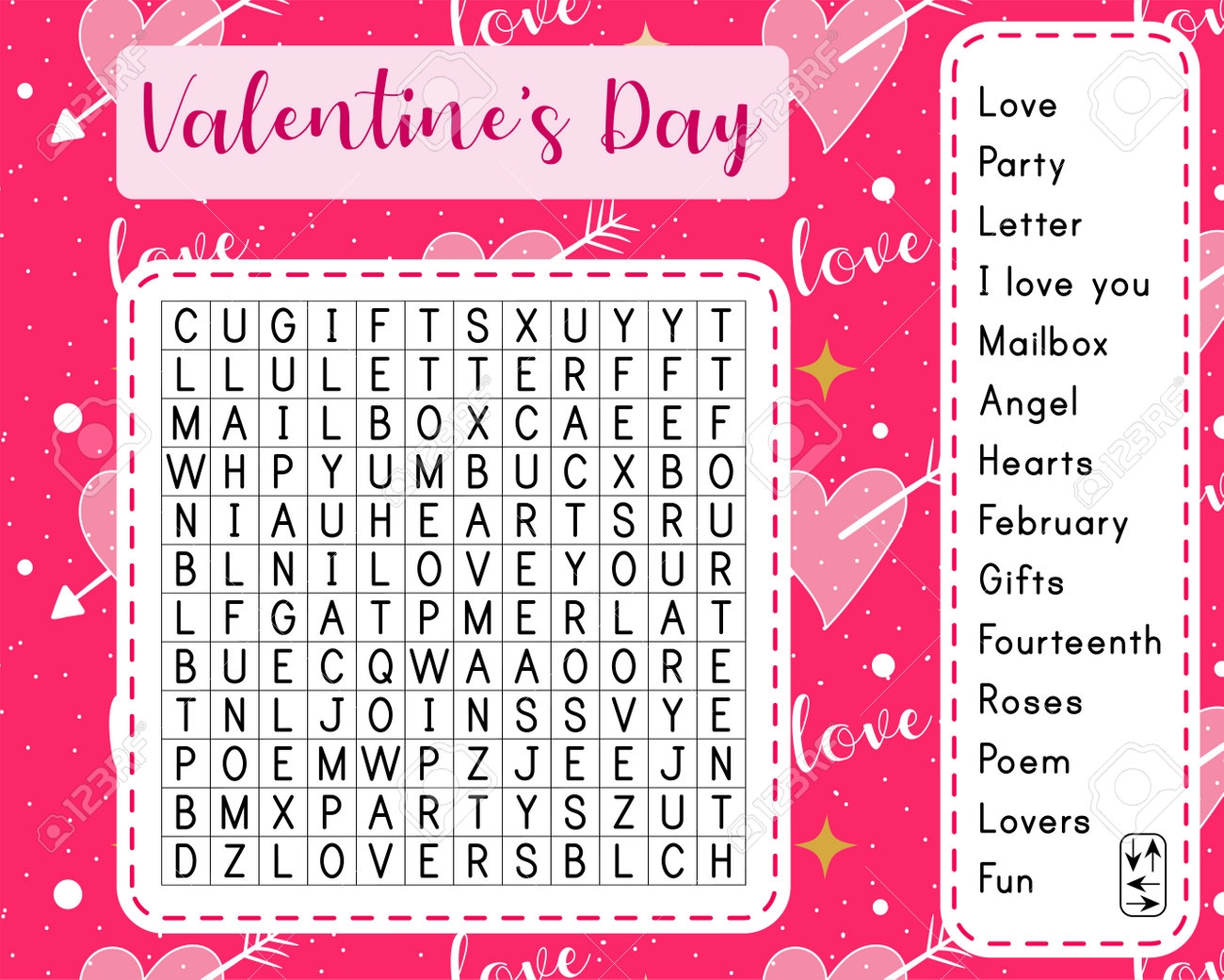 Valentine s Day Word Search Puzzle Suitable For Social Media Post Educational Game For Children Printable Worksheet For Learning English Royalty Free SVG Cliparts Vectors And Stock Illustration Image 162496272 