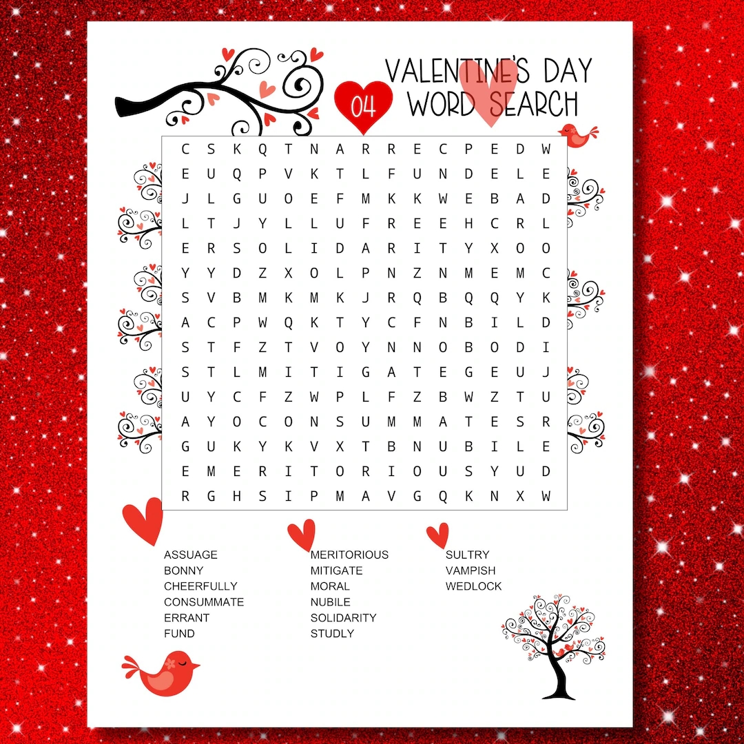 Valentine s Day Word Search Puzzles For Adults Word Search Galentine Gift Printable Valentine Game Valentine s Day Party Activity Etsy