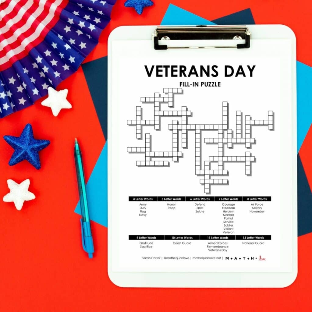 Veterans Day Fill In Word Puzzle Math Love
