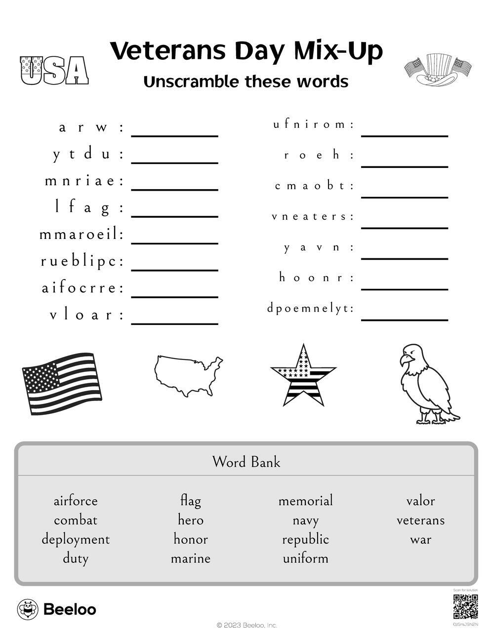 Veterans Day themed Word Scrambles Beeloo Printable Crafts And Activities For Kids