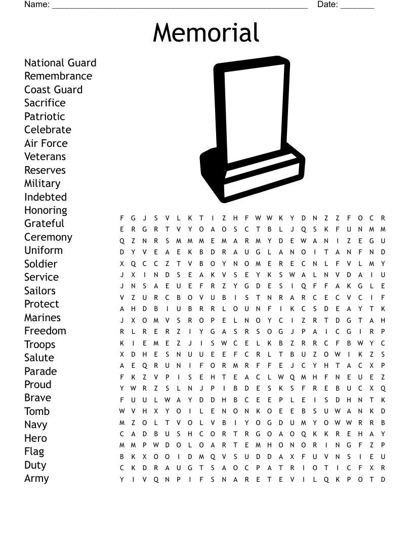 Veterans Day Word Search Answer Key