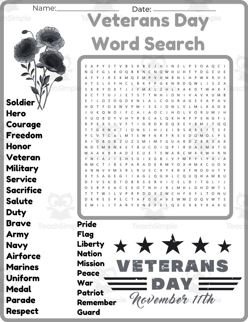 Veterans Day Word Search Worksheet Activity By Teach Simple