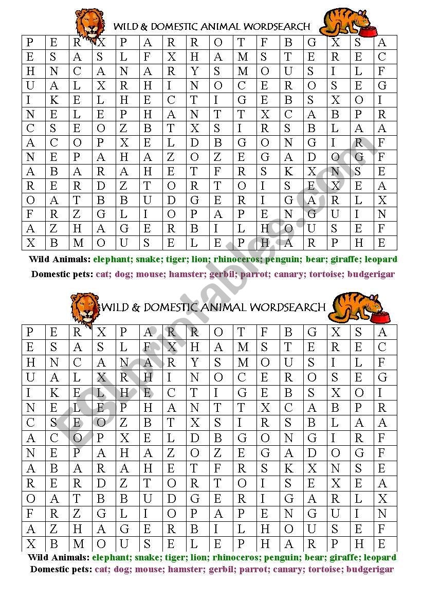 Wild And Domestic Animal Wordsearch ESL Worksheet By Beep