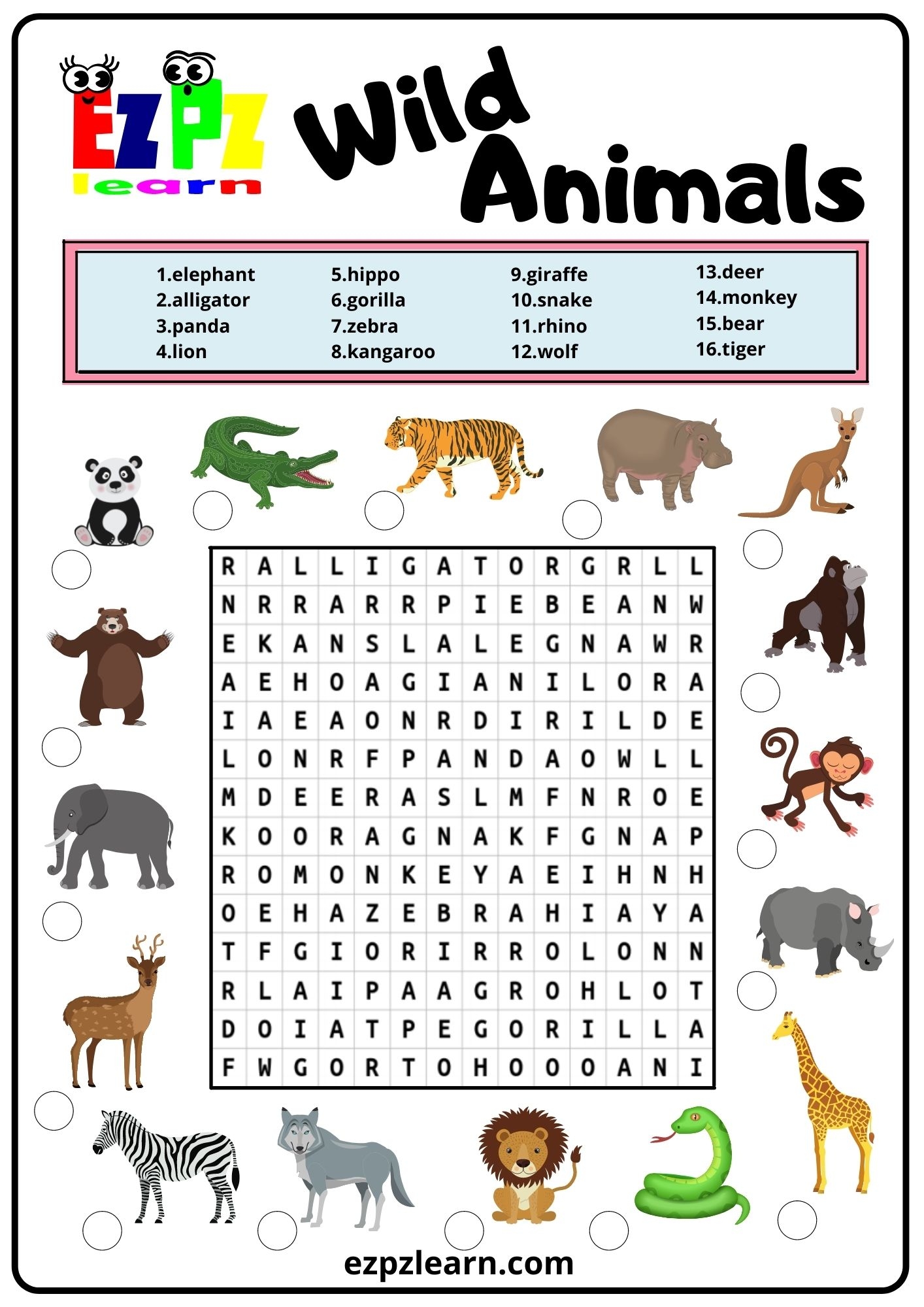wild animals word search 2 ezpzlearn worksheets library