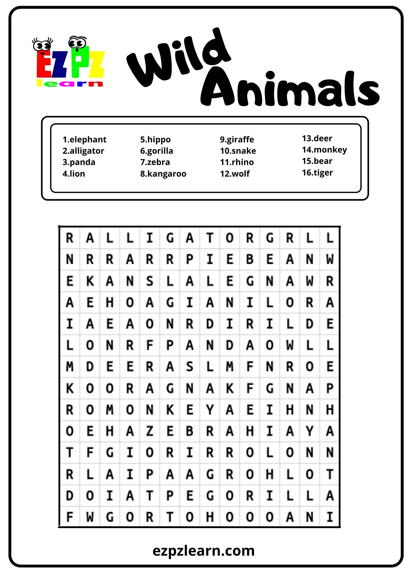 wild animals word search ezpzlearn