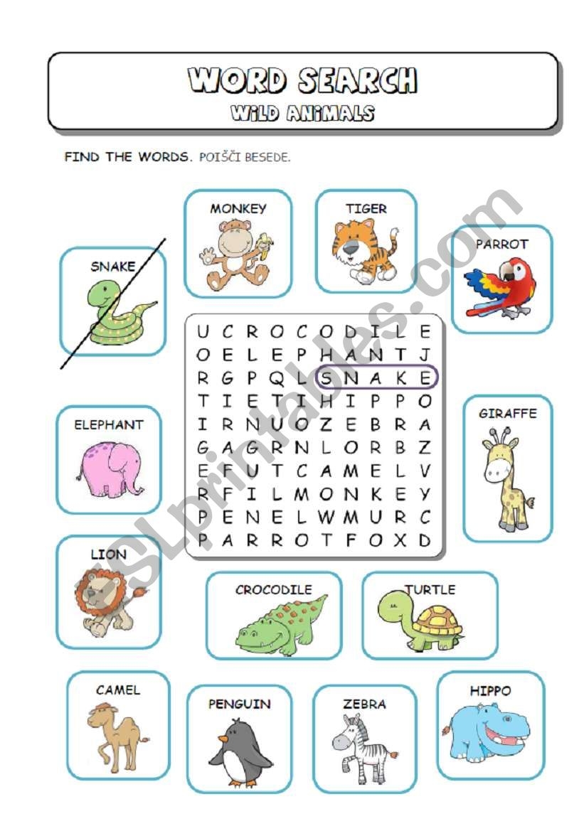 Wild Zoo Animals Word Search ESL Worksheet By Tejcaj