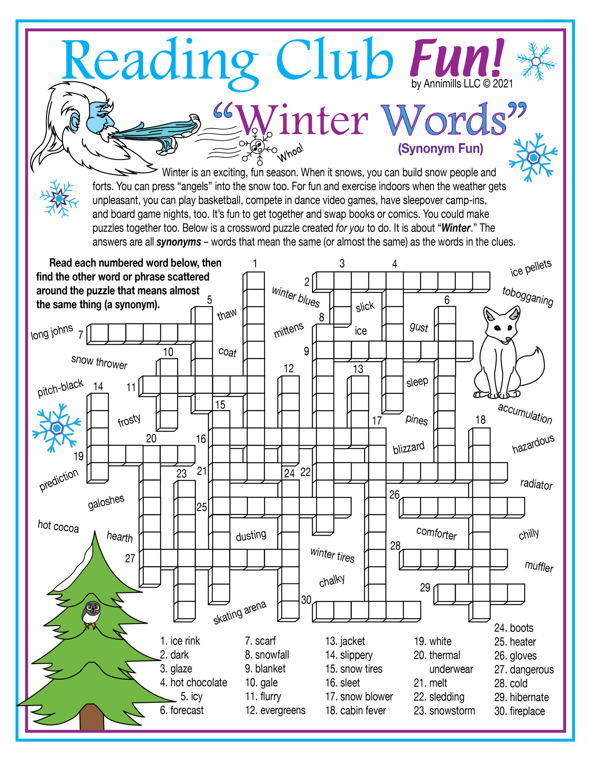 winter vocabulary synonyms printable crossword puzzle u0026 word