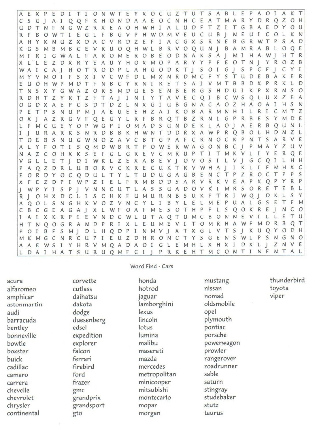 Word Search About Cars