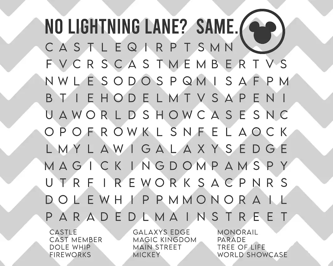 Word Search For The Long Theme Park Lines SVG PNG JPG Lightning Lane Etsy