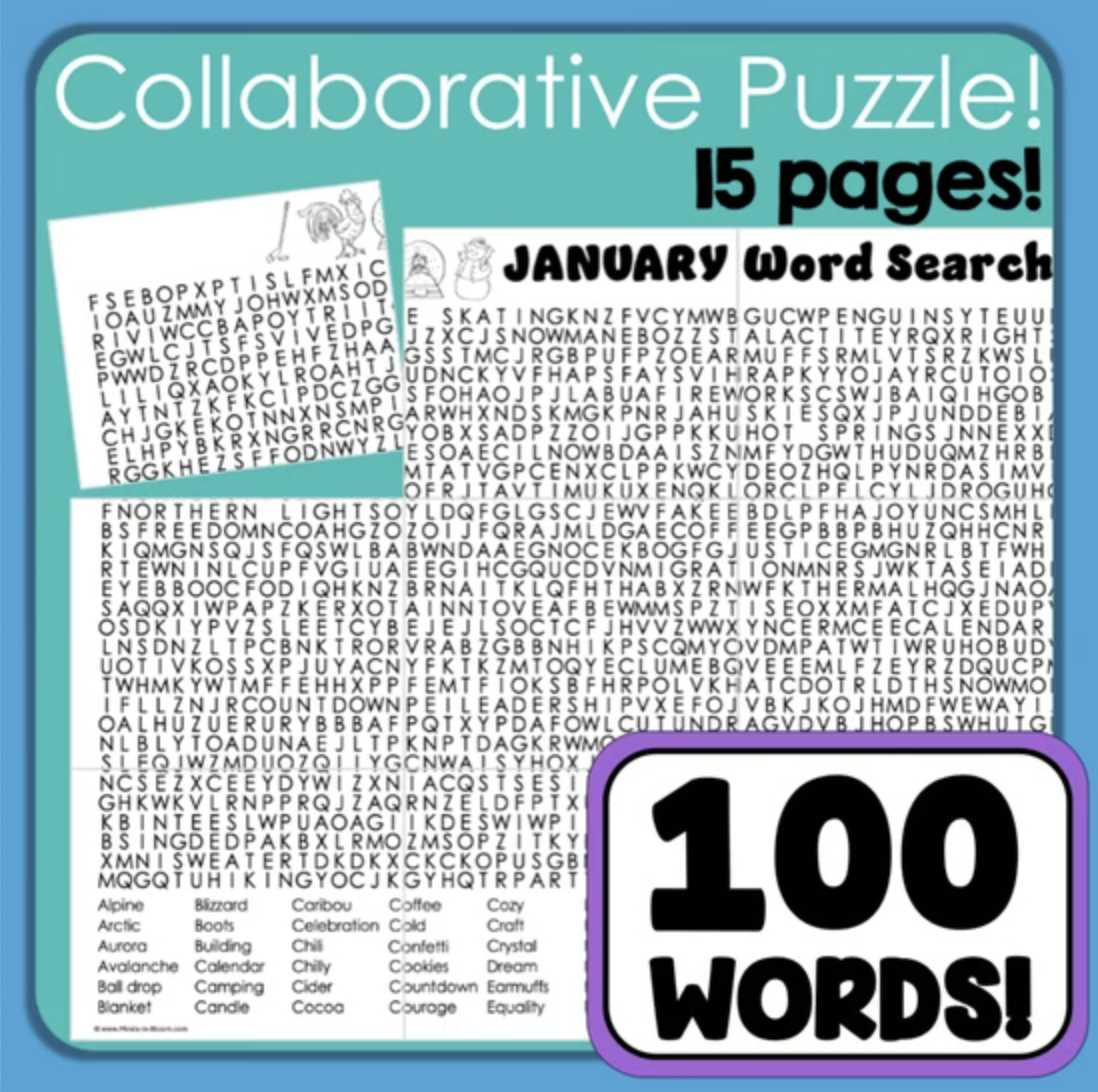 Word Search January Winter Holiday Puzzle New Years 2025 Word Search