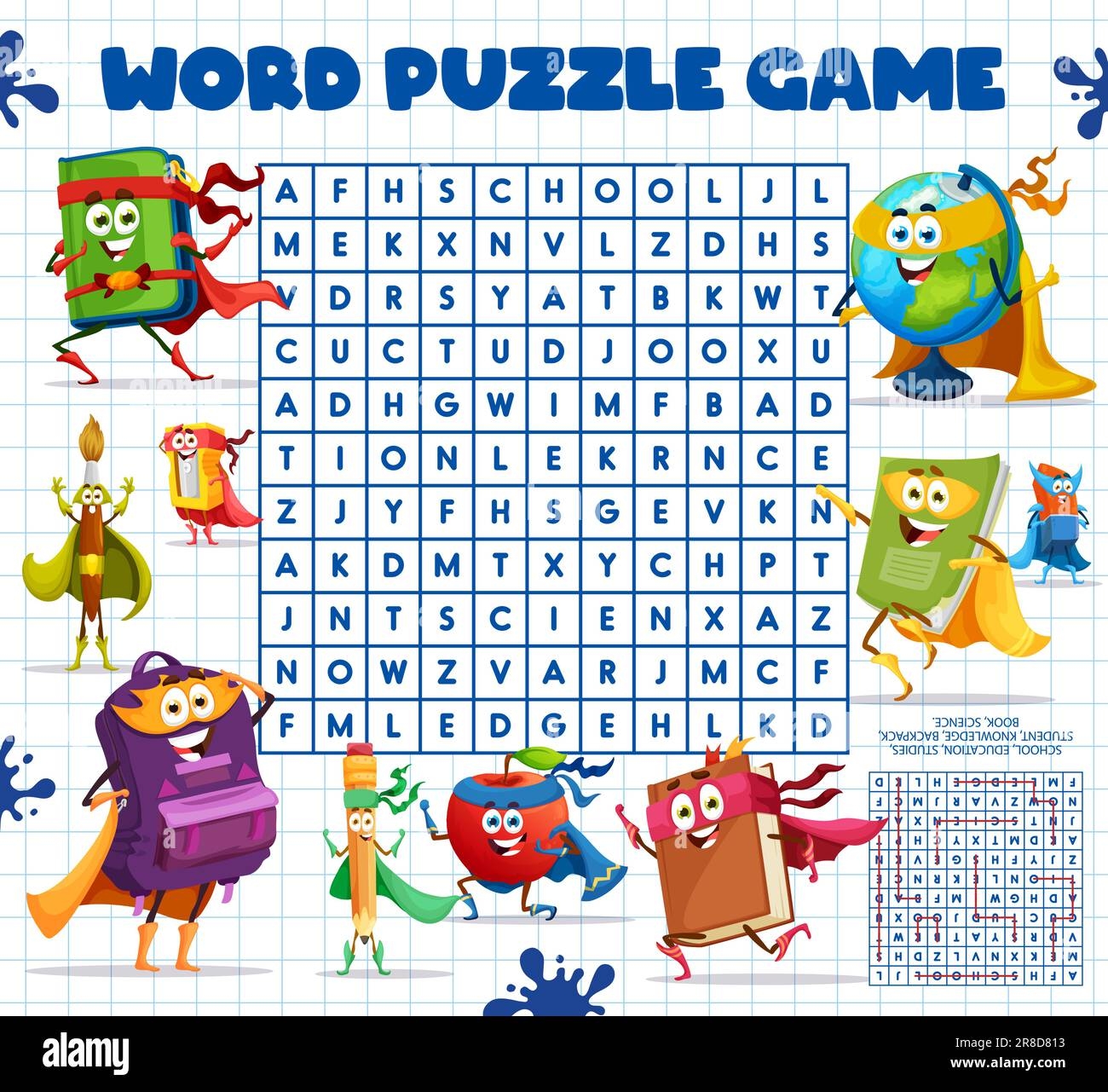 word search puzzle game cartoon stationery superhero characters kids quiz vector worksheet find hidden word maze with funny school supply personages cute book backpack and pencil wordsearch game stock vector image