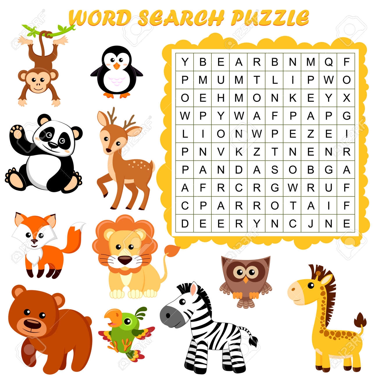 Word Search Puzzle Vector Education Game For Children Animals Themed Royalty Free SVG Cliparts Vectors And Stock Illustration Image 97359561 