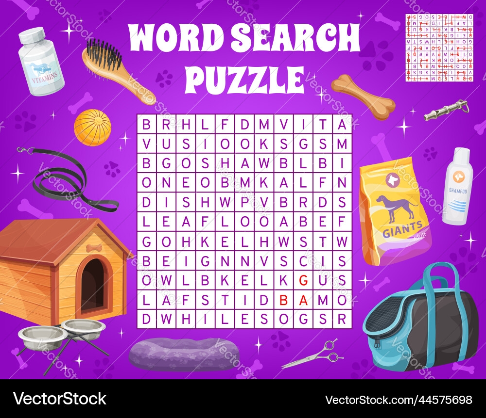 Word Search Puzzle With Dog Pet Care Accessories Vector Image