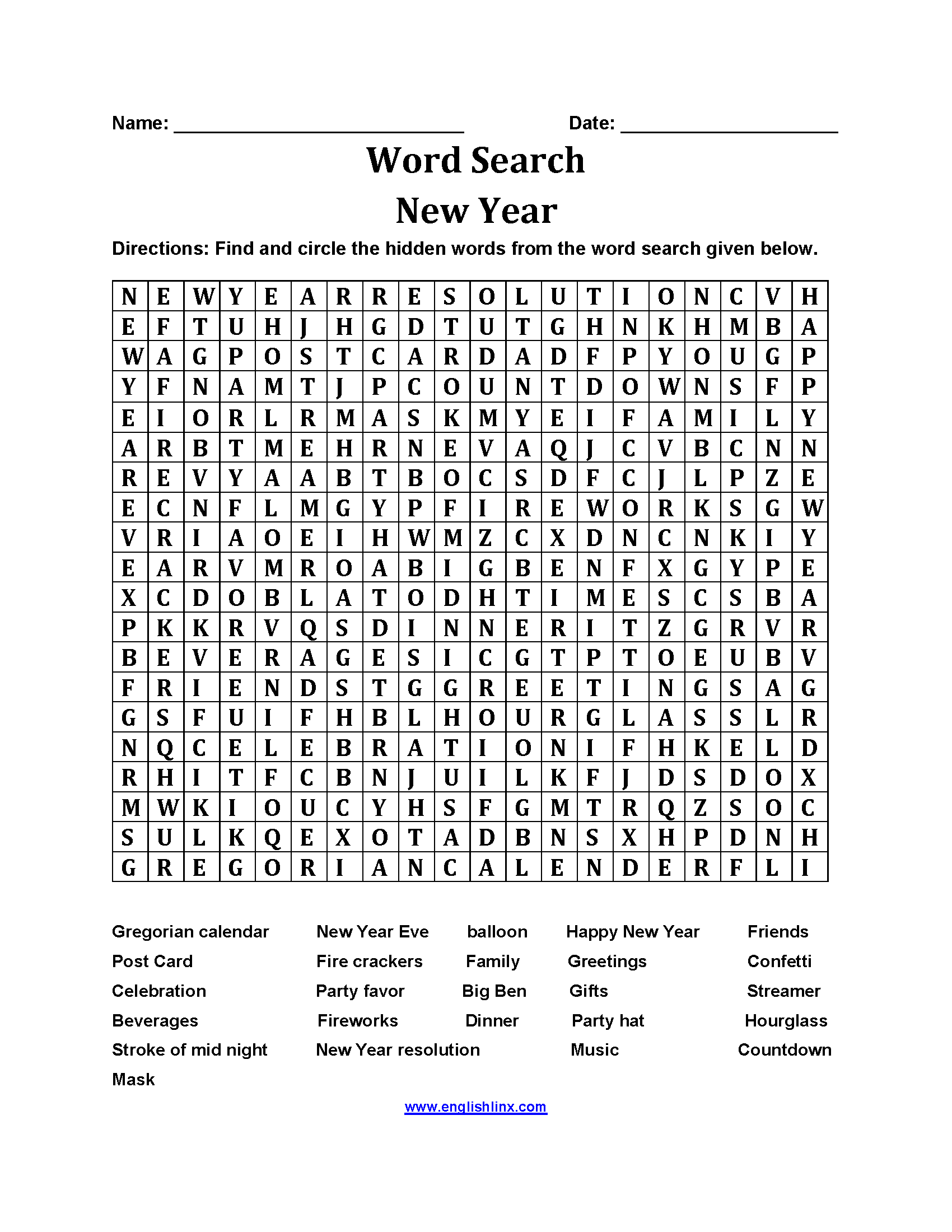 Word Search Worksheets New Year Word Search Worksheets