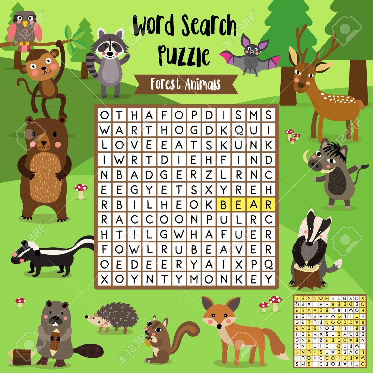 Words Search Puzzle Game Of Forest Animals For Preschool Kids Activity Worksheet Layout In A4 Colorful Printable Version Vector Illustration Royalty Free SVG Cliparts Vectors And Stock Illustration Image 75960309 
