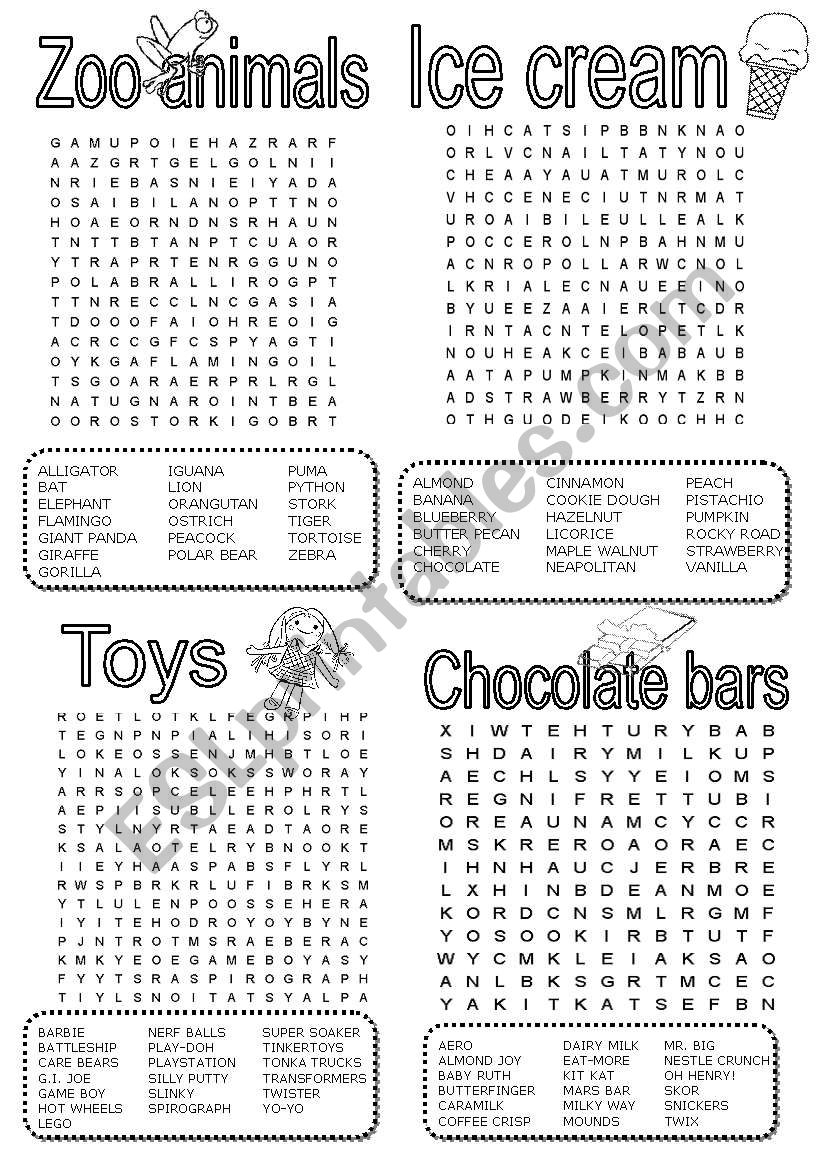 Wordsearch Zoo Animals Ice Cream Toys Chocolate Bars ESL Worksheet By Im Lety